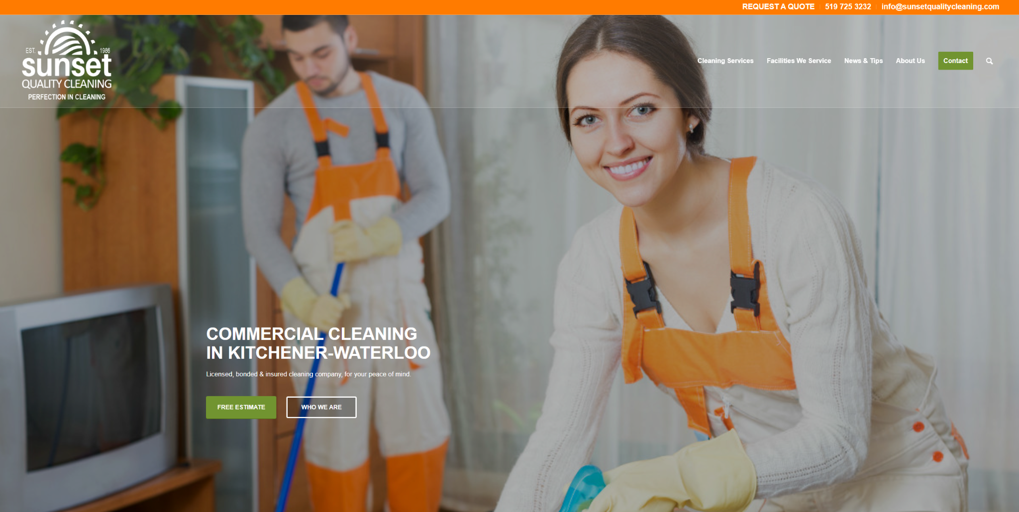 Sunset Quality Cleaning website with service navigation and a prominent estimate action