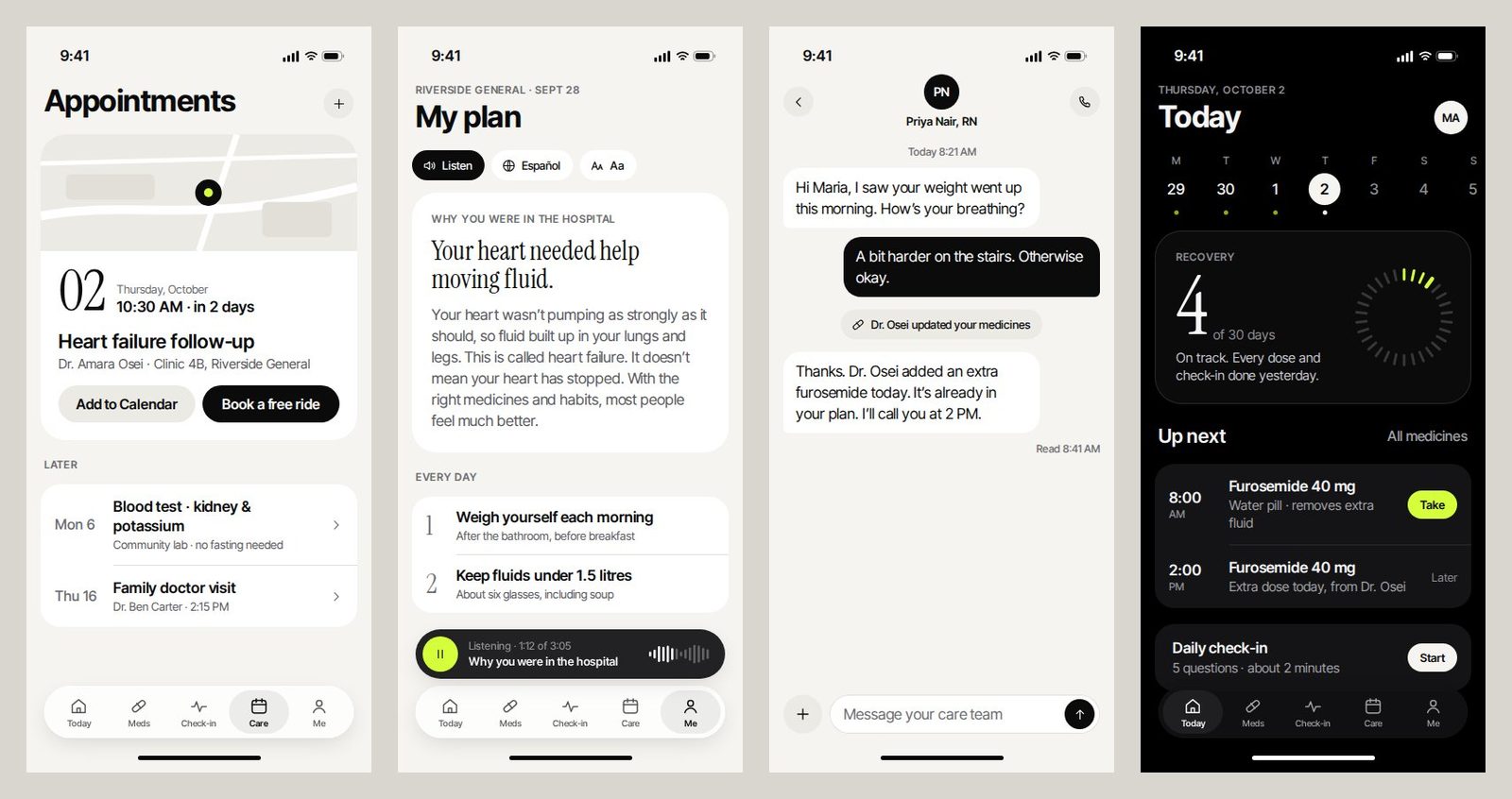Four more Dayward iPhone screens: Appointments with a map, My plan with an audio explanation, a message thread with the nurse, and Today in dark mode