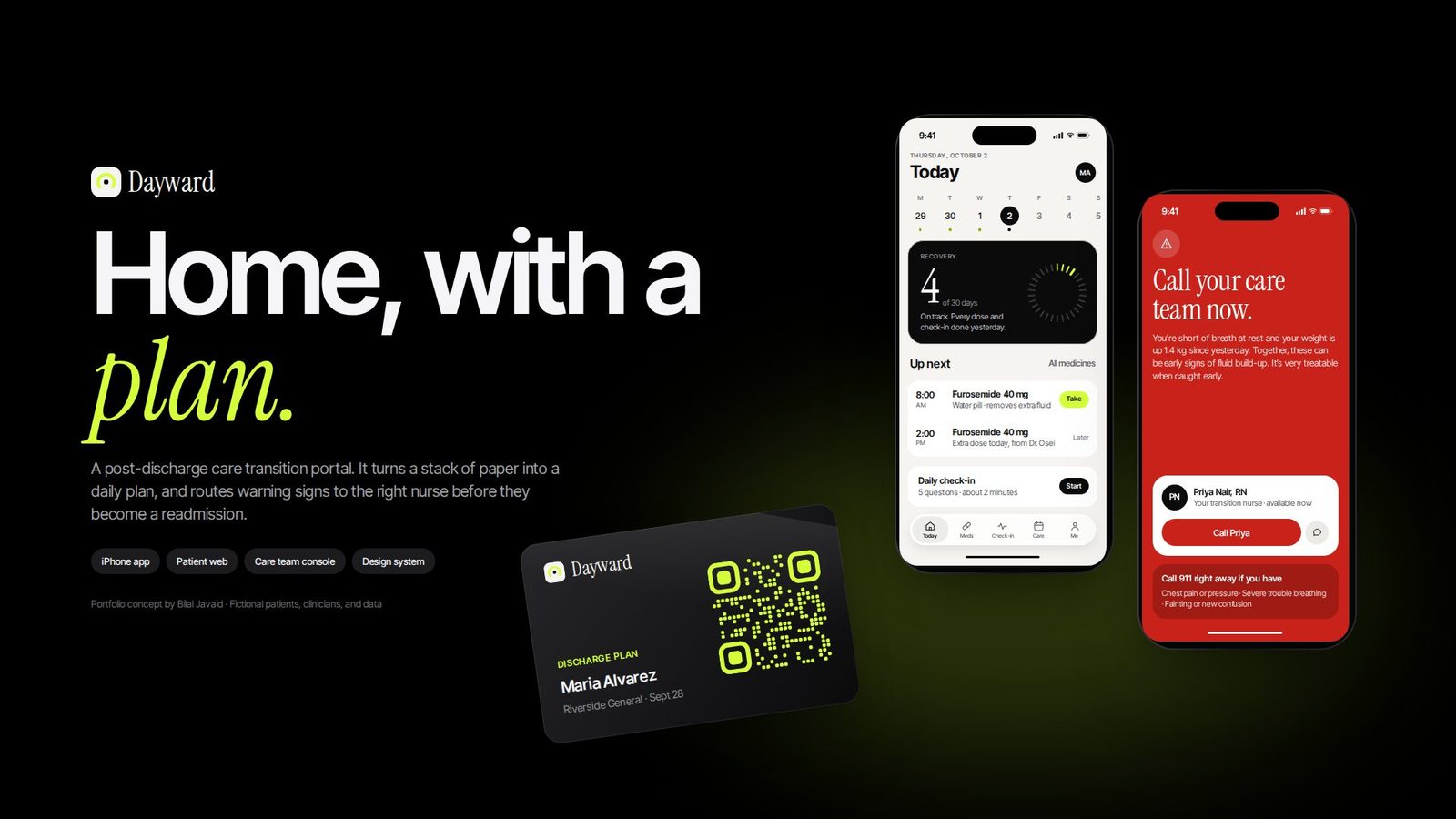 Dayward cover: the headline Home, with a plan, a discharge card with a QR code, and two iPhone screens showing Today and a red Call your care team now screen