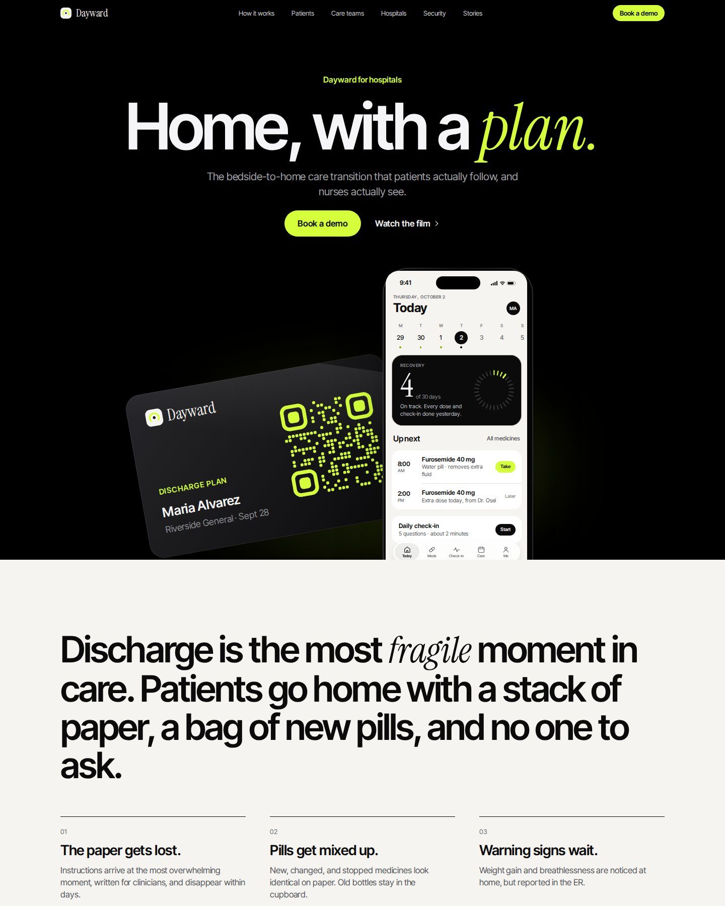 Top of the Dayward marketing site with a large headline and product imagery