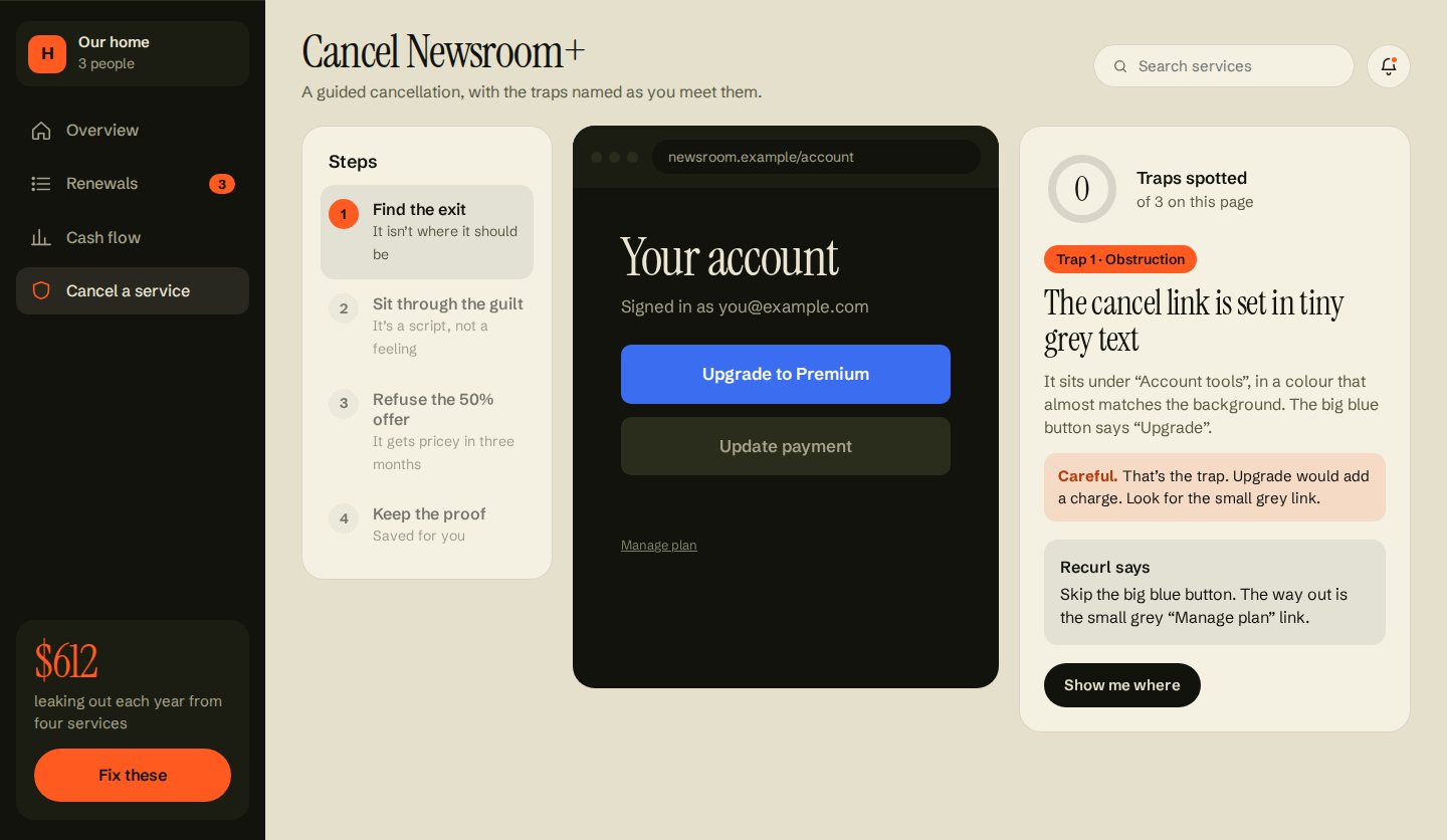 Guided cancel step 1: a fake account page with a large blue Upgrade button and a tiny Manage plan link, and a guide warning Careful, that is the trap