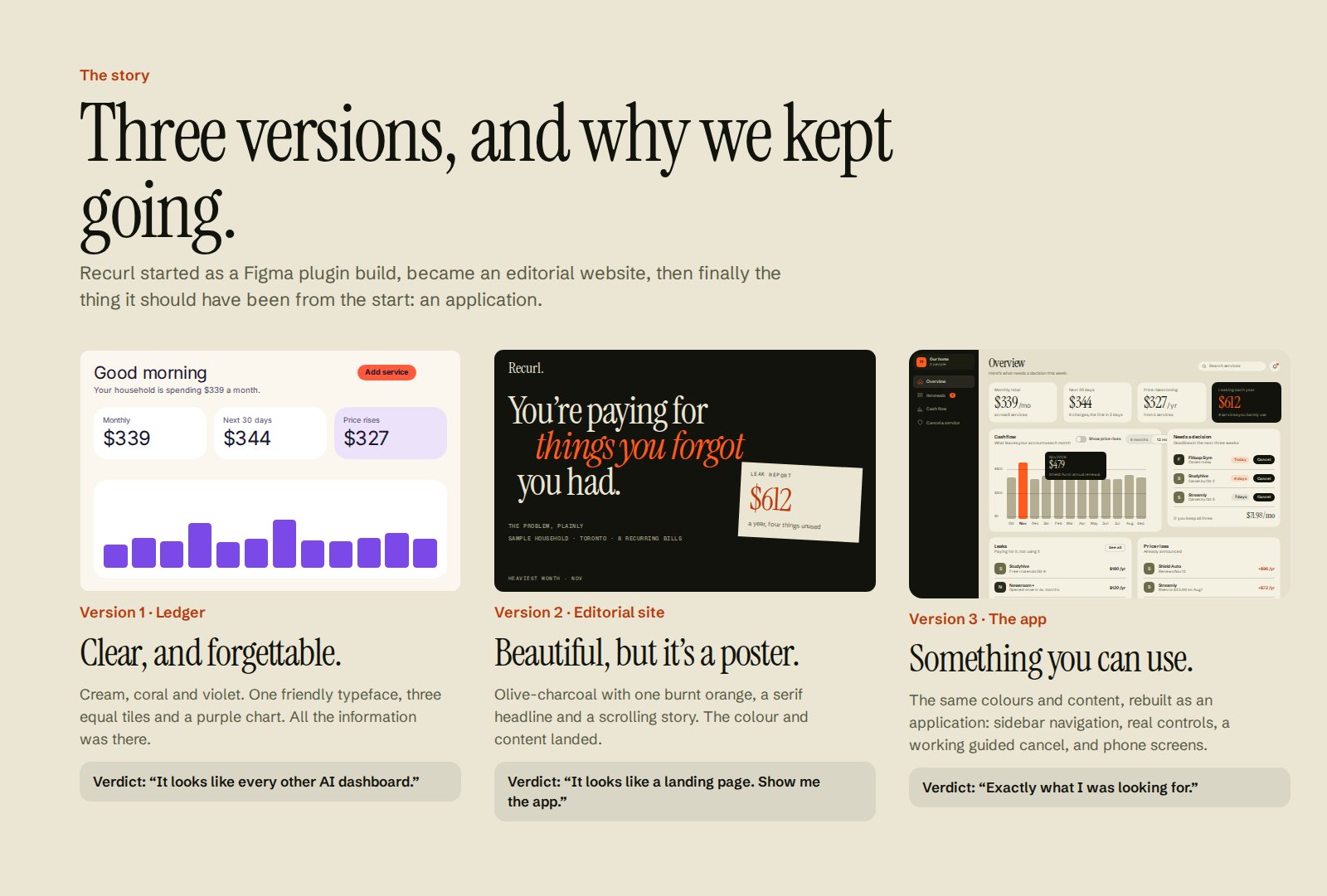 Three versions side by side: Version 1 Ledger with cream tiles and a purple chart, Version 2 an editorial dark website with a serif headline, and Version 3 the web app, each with a verdict